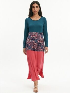 Teal and Coral Colorblock Maxi Dress with Floral Waist Panel